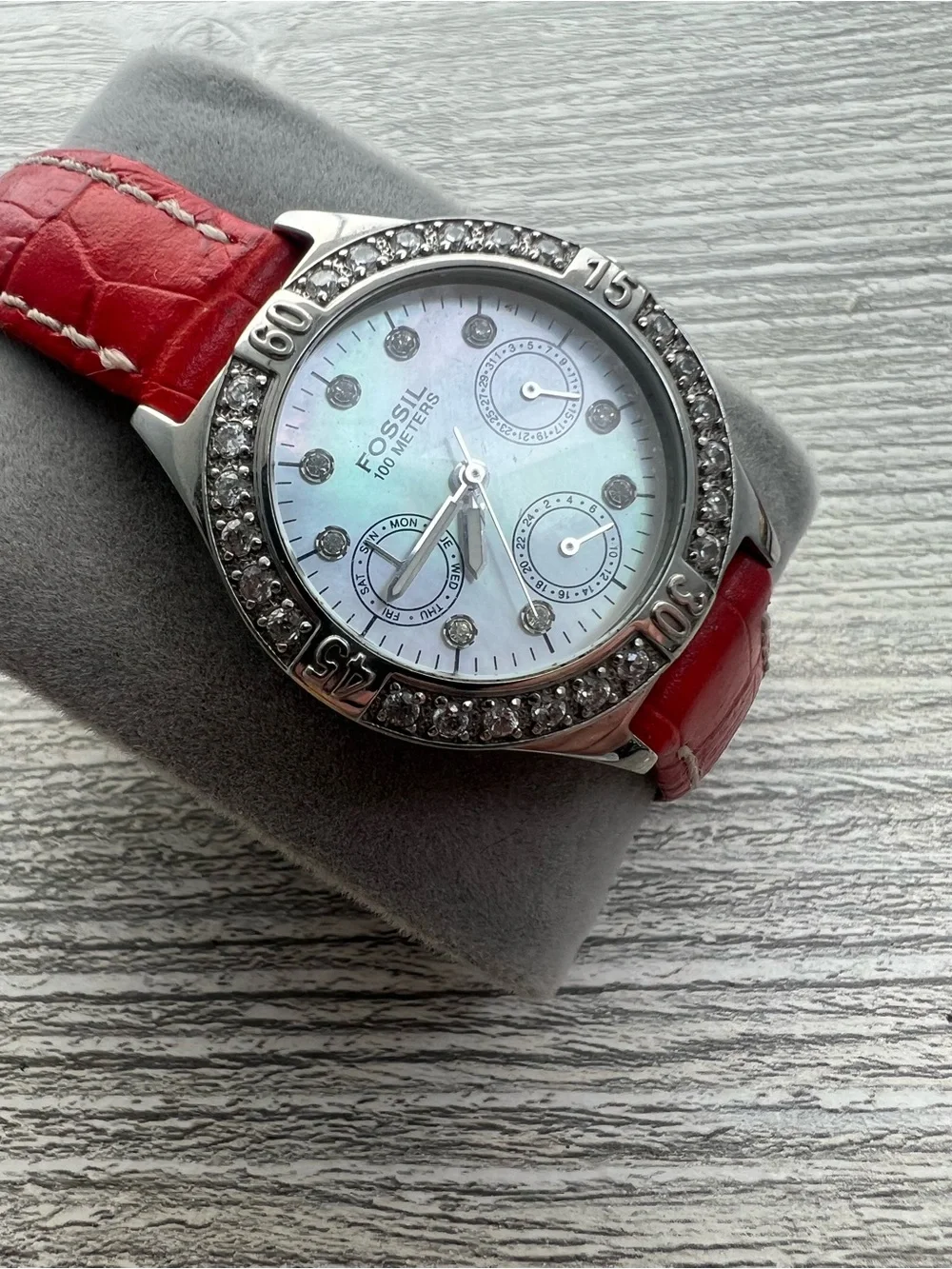 Fossil Women's Crystal Accent Watch - Red Leather Strap